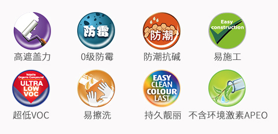 高遮盖力、0级防霉防潮抗碱、易施工、超低VOC、易擦洗、持久靓丽、不含环境激素APEO